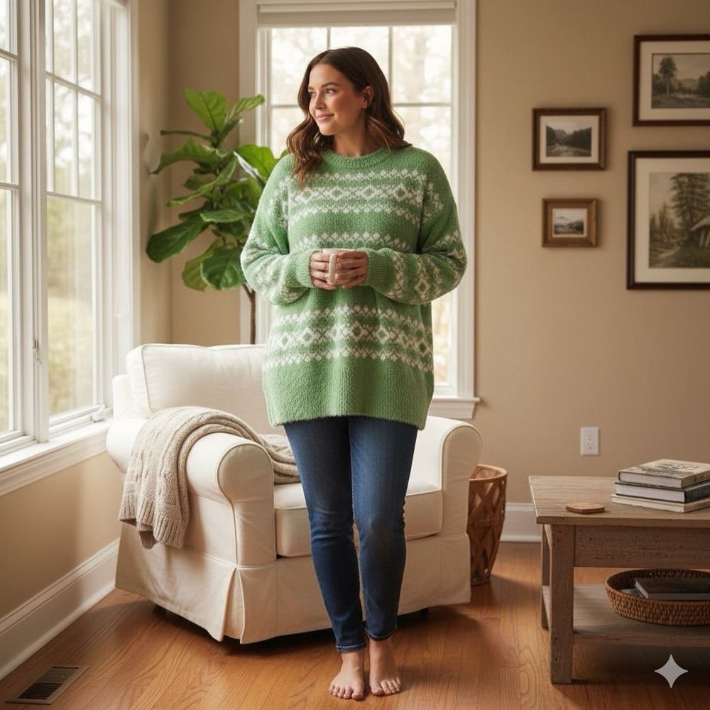 Aerie Womens Size XS Oversized Flurry Sweater Green White Fair Isle Fuzzy Soft
